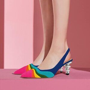 FOWT Women Rainbow Color Stripes Strange Spiral High Heel Pumps Slip On Pointed